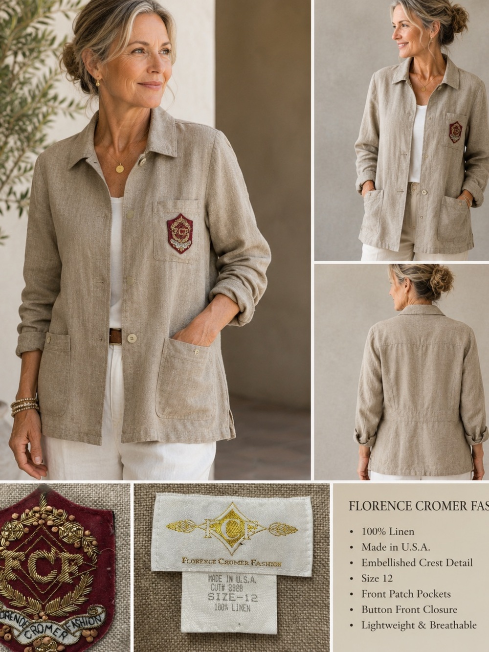 Vintage Florence Cromer Fashion FCF Women’s Linen Blazer Beige Size 12 Crest